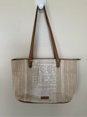SAKROOTS Tan & Cream Printed Raffia Tote Bag